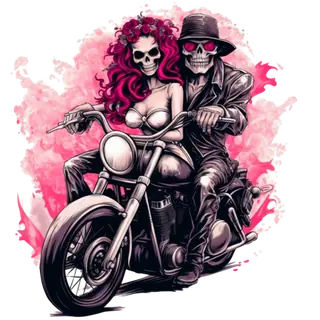 Skeleton couple riding a motorcycle through pink flames — 2026 Bikers 4 Boobies Poker Run